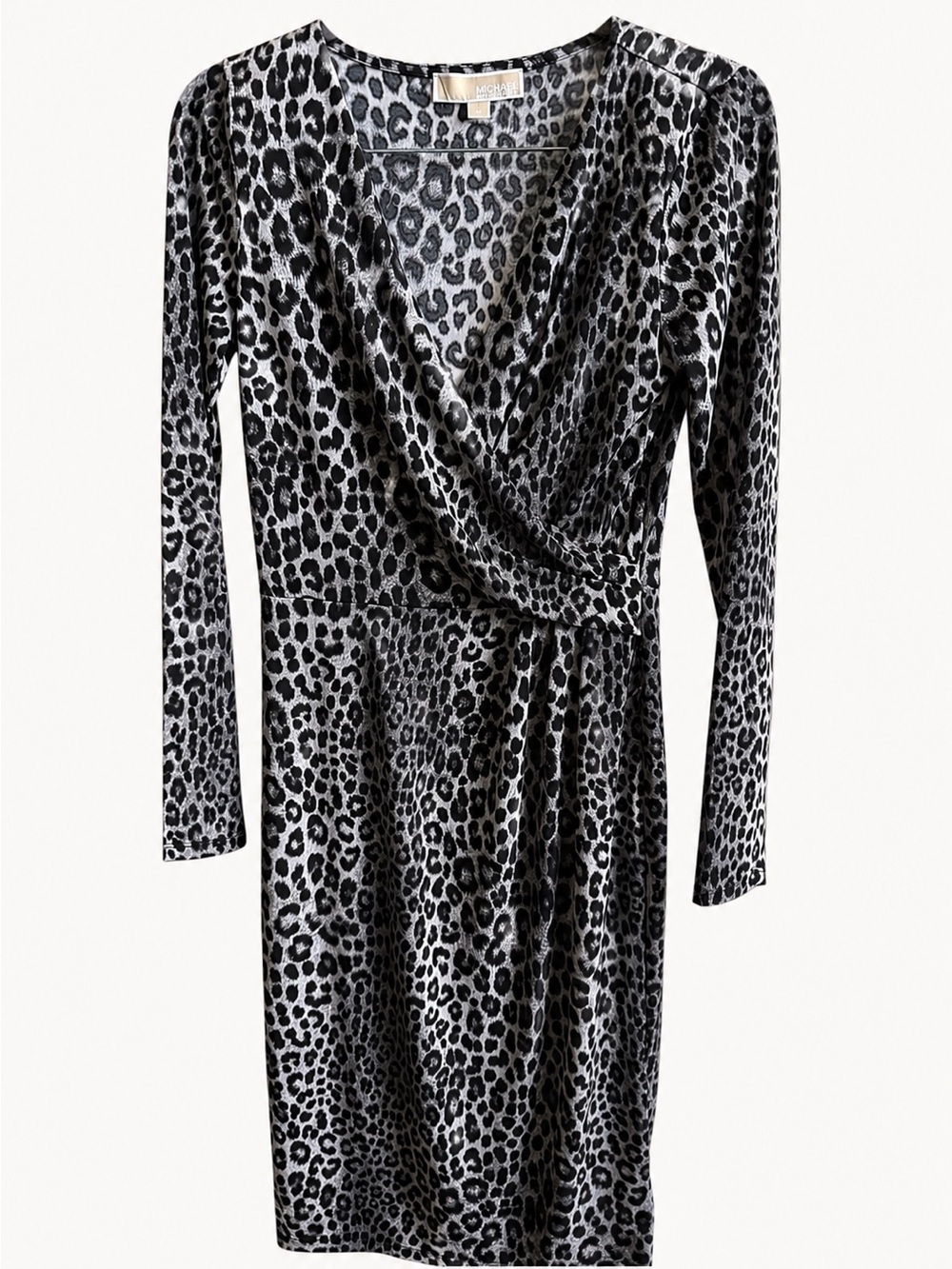 MICHAEL Michael Kors Black & Gray Leopard Print Long Sleeve Wrap Dress Size XS